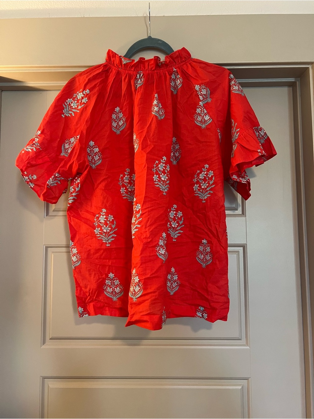 Red Floral Peasant Top - Lightweight Short Sleeve - Picture 2 of 3